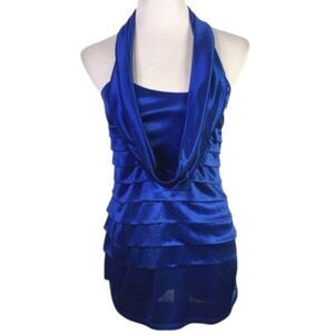 Studio Y Royal Blue Satin Y2K Rock  Cowl Neck Halter Top Blouse Women SZ XL